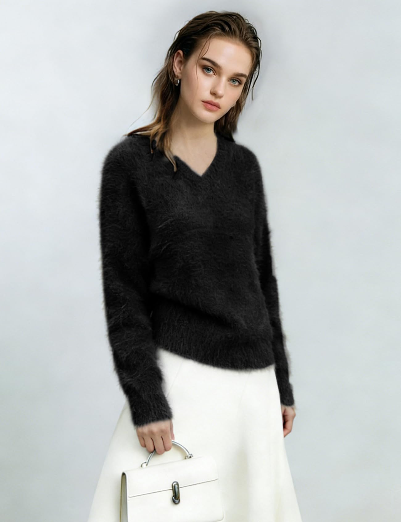 Yimoon Fuzzy-Pullover für Damen, V-Ausschnitt, langärmelig, weich, grob, locker, flauschiger Pullover
