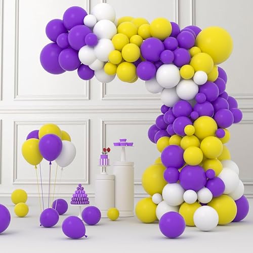 Kit de arco de guirnalda de globos morados y amarillos y blancos, 122 globos amarillos, morados y blancos para cumpleaños, boda, aniversario,