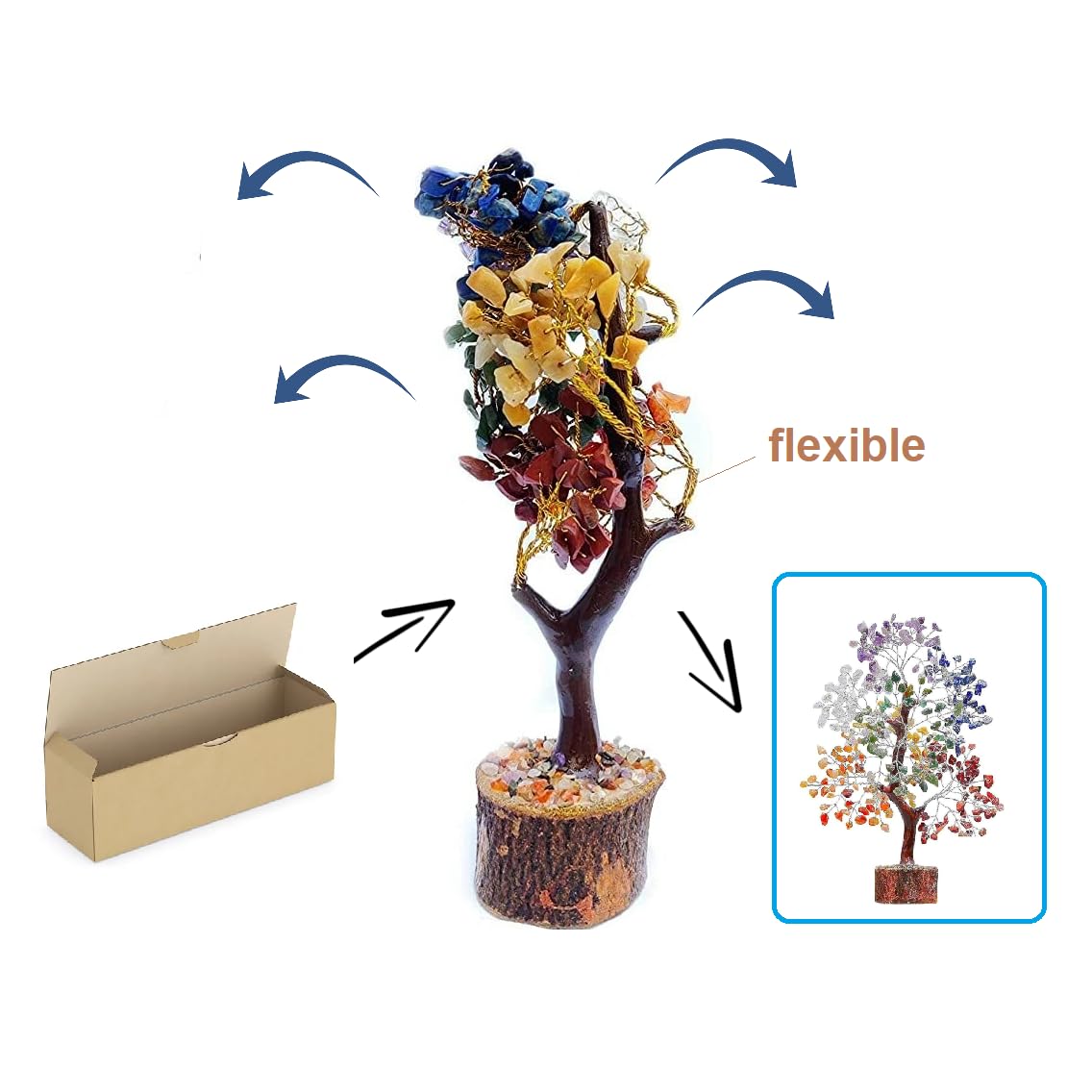 Árbol 7 Chakras de Piedras Semi-Preciosas - 27cm Alto y 300 Piedras - Árbol Energético Feng Shui – Bonsái de Armonía y Decoración – Amatista, Cuarzo, Citrino, Aventurina y Más