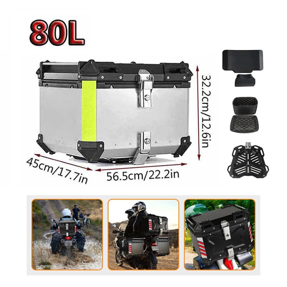 Valise pour Moto, 28L 36L 45L 55L 65L 80L 100L Top Case Coffret De Moto Aluminium Design Étanche Coffre Topcase avec Dossier de Passager et Plaque de Base(Silver,100L)