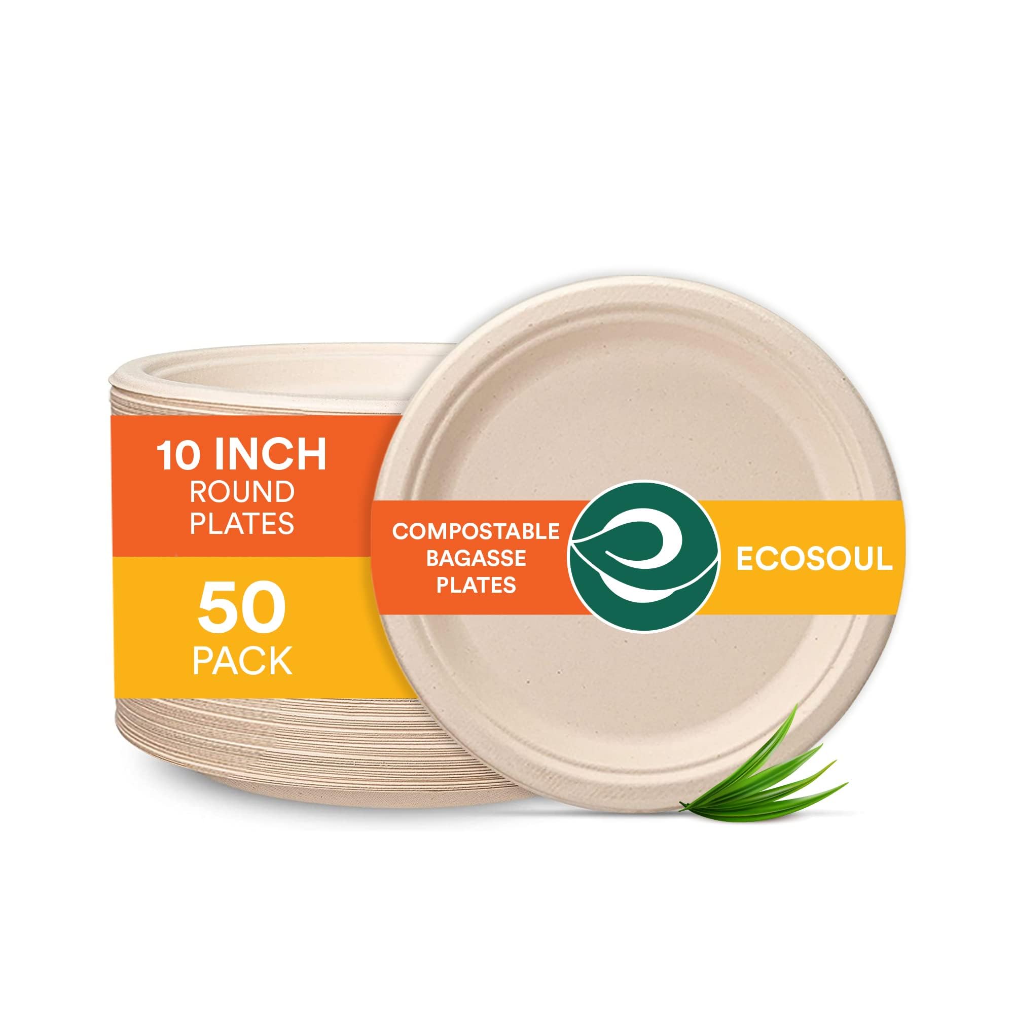 ECO SOUL [10 inch, 50 Pack Disposable Bagasse Plates | Eco-Friendly, Biodegradable, Sugarcane Paper Plates | for Serving Snacks | Birthday, Wedding & Party | Round, Beige (25 cm)