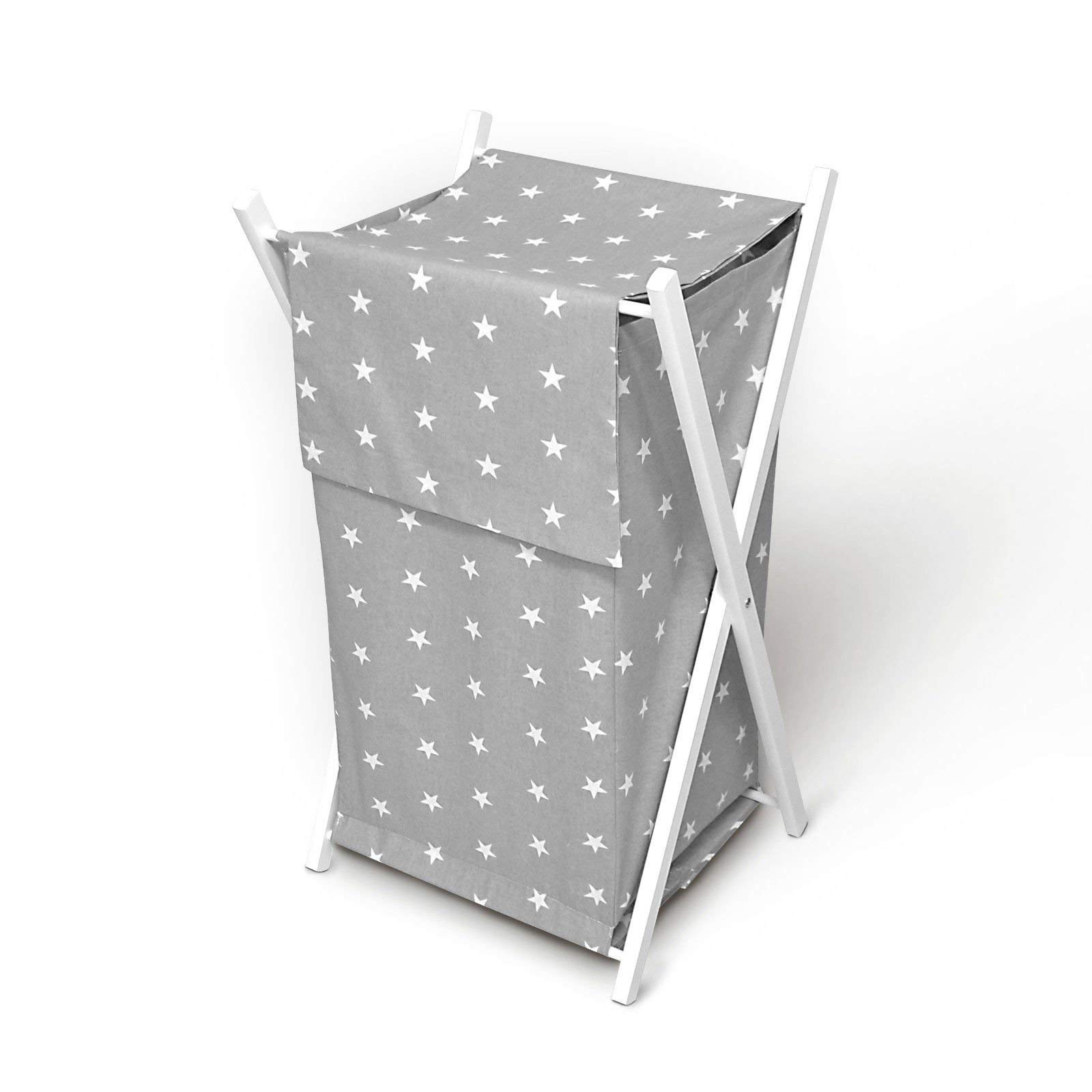 Babymam White Stars On Grey Background Baby Laundry Basket Nursery Hamper Bag Storage Bin With Removable Linen 70 Litre White Frame (White Stars On Grey Background)
