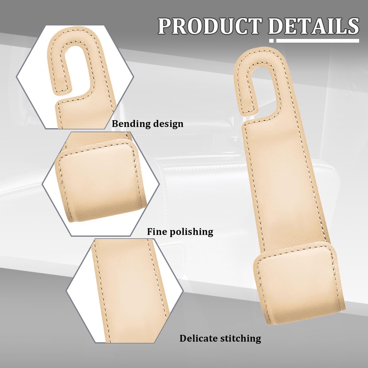 Osilly 2PCS Car Seat Headrest Hook, Leather Stylish Vehicle Backseat Hanger Organizer for Purse Handbag Umbrella, Automotive Seat Back Hanging Storage Holder Hook, Universal for Vehicles (Beige)