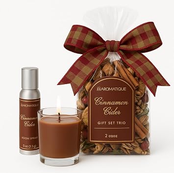 Aromatique Cinnamon Cider Gift Set Trio Decorative Fragrance 2 oz, Room Spray 2 oz & Votive Candle 2.7 oz Cinnamon, Apple & Citrus Fall Fragrance Seasonal Home Decor Made in The USA
