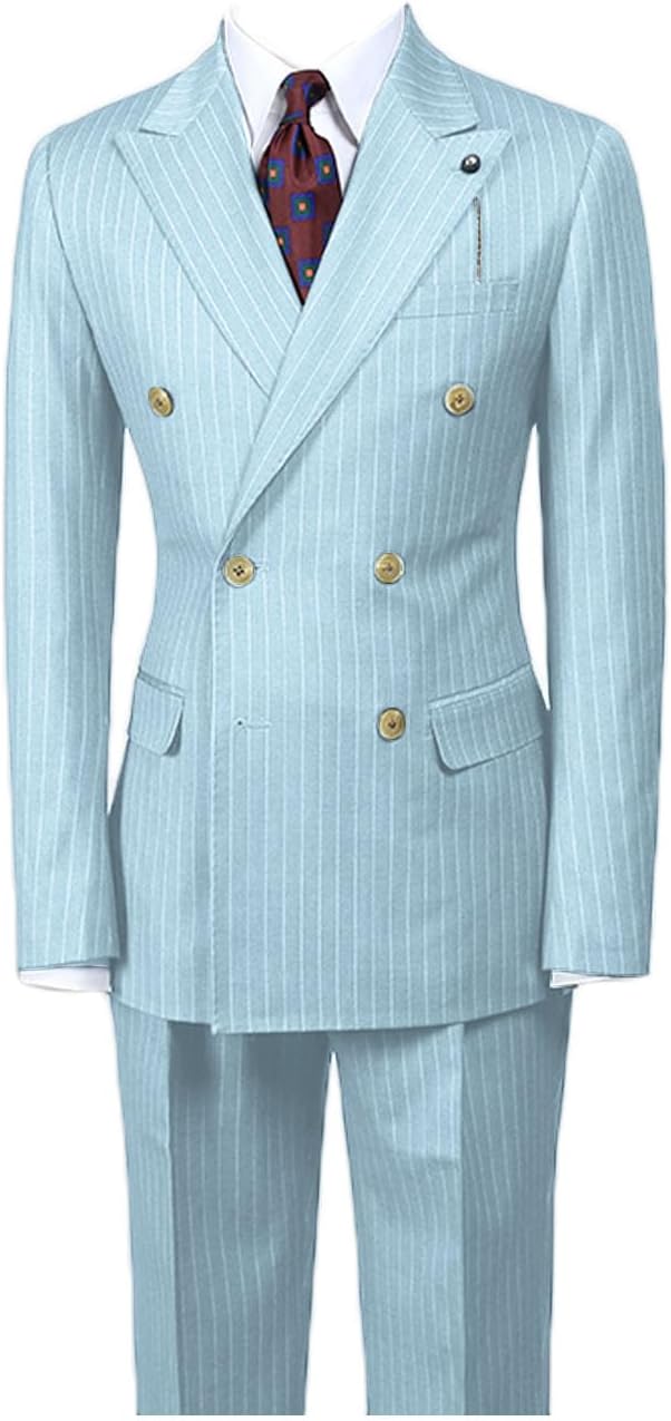Men's Pinstripe Suits 2 Piece Blazer Pants Slim Fit Double Breasted Formal Dress Tuxedo for Prom Wedding