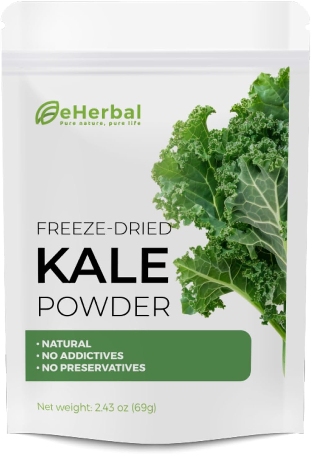 eHerbal Freeze Dried Kale Powder – 100% Powder Superfood – Non-GMO, Nutrient-Rich Greens for Smoothies, Juices & Cooking – Vegan, Natural Supplement – 2.43 oz eHerbal Freeze Dried Kale Powder – 100% Powder Superfood – Non-GMO, Nutrient-Rich Greens for Smoothies, Juices & Cooking – Vegan, Natural Supplement – 2.43 oz