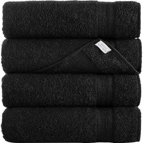 All Desgin Black Bath Towels 27" x 54" Quick-Dry High Absorbent 100% Turkish Cotton Towel for Bathroom, Guests, Pool, Gym, Camp, Travel, College Dorm, Shower (Black, 4 Pack)