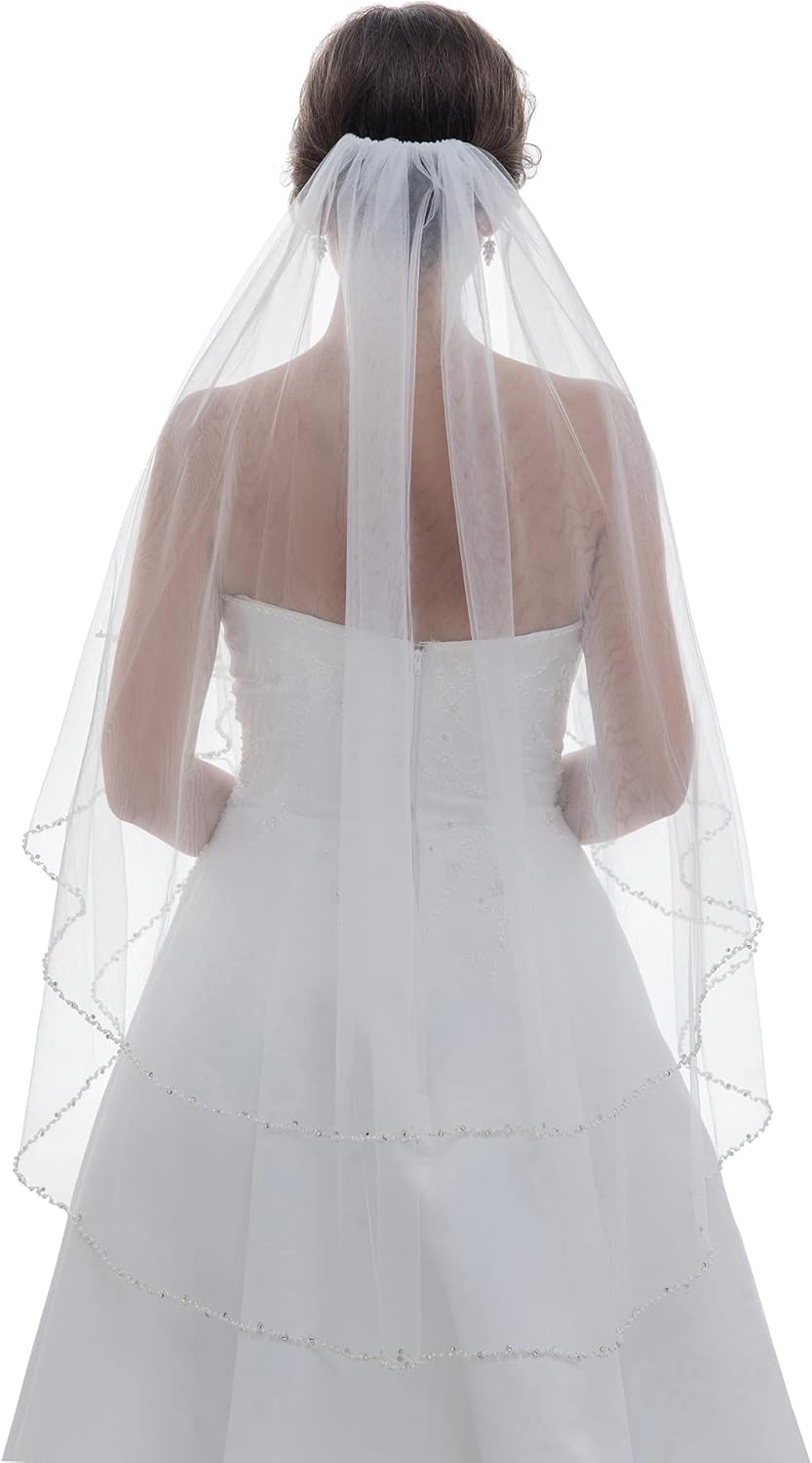 SAMKY Alternating Wavy Crystal Pearl Beaded Bridal Wedding Veil