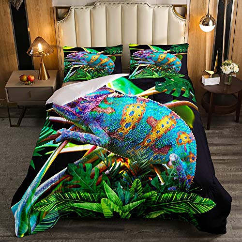 Lizard Bedding Comforter Set Twin Size 2 Piece Set for Kids Teens Boys Girls, Rainforest Wild Animal Comforter Set, Palm Leaf Fashion Quilted Duvet and 1 Pillow Sham for Home Bed Room, Green