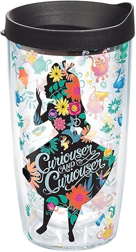Tervis 1269202 Disney-Alicia en el país de las maravillas Curiouser - Vaso aislado con envoltura y tapa negra, 16 onzas, transparente