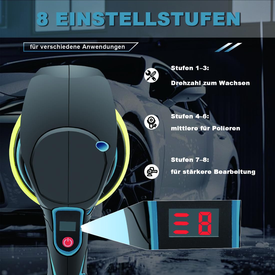 Akku Poliermaschine Auto 6 Zoll Exzenterpolierer mit 8 Geschwindigkeiten, 4pcs Auto Poliermaschinen Set, 2x 2000mAh Akku für Autodetailing, Wachsen, Polieren