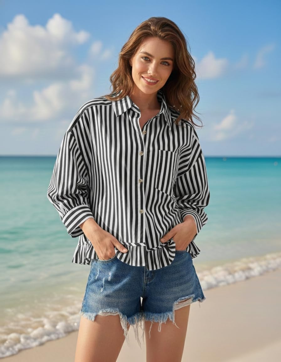 Women Peplum Button Down Shirts 3/4 Length Sleeve Business Casual Tops Crop Striped Oversized Shirts Blouses Tops - Image 2