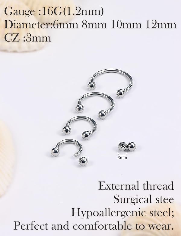 Oufksiyy 16G Horseshoe Septum Rings 6/8/10/12mm with Tool & Ball Grabber,Hypoallergenic for Nose,Rook,Cartilage,Helix,Lips-Silver 316L Surgical Steel Septum Piercing jewelry by Oufksiyy - Used condition - Image 2