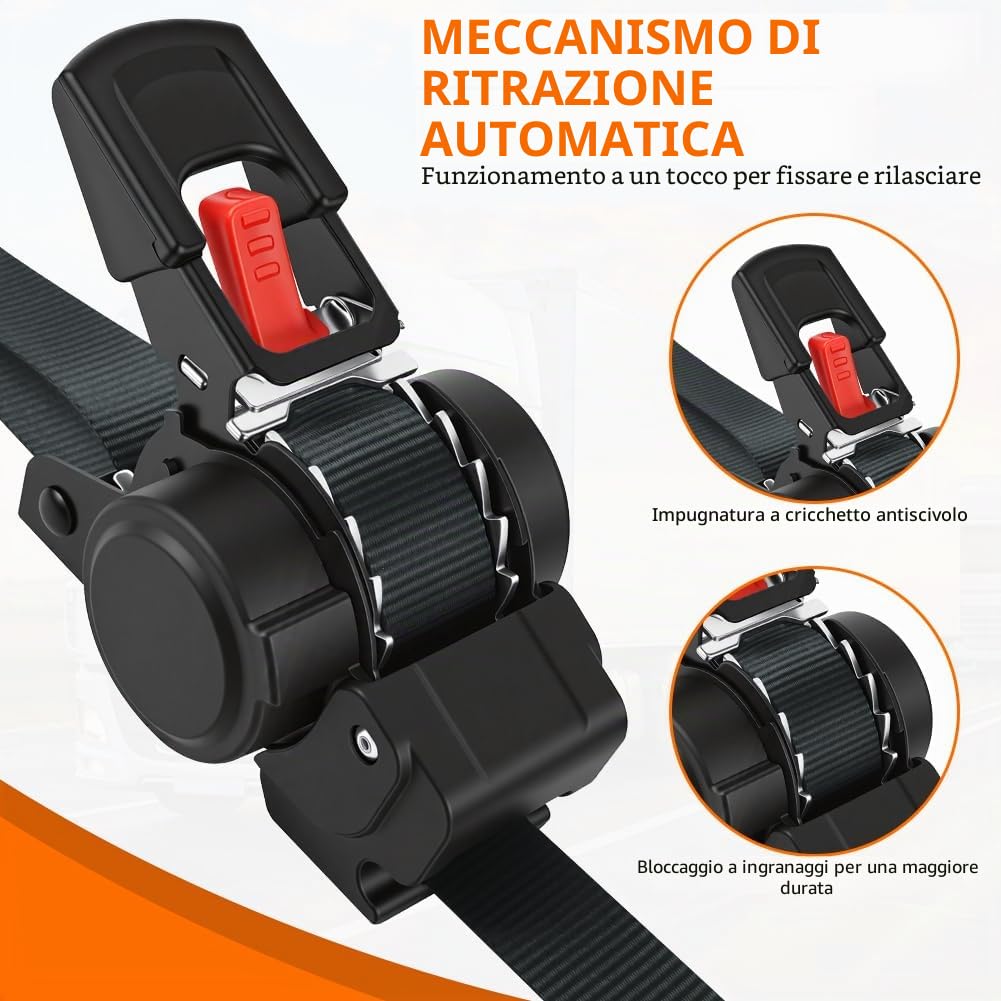 Cinghie di ancoraggio a cricchetto retrattili, 2 Pcs Cinghie di Tensione, Cinghia di tensionamento automatica 3.5m x 2.5cm, resistenza alla rottura massima di 680 kg,con gancio S, per Moto,Auto