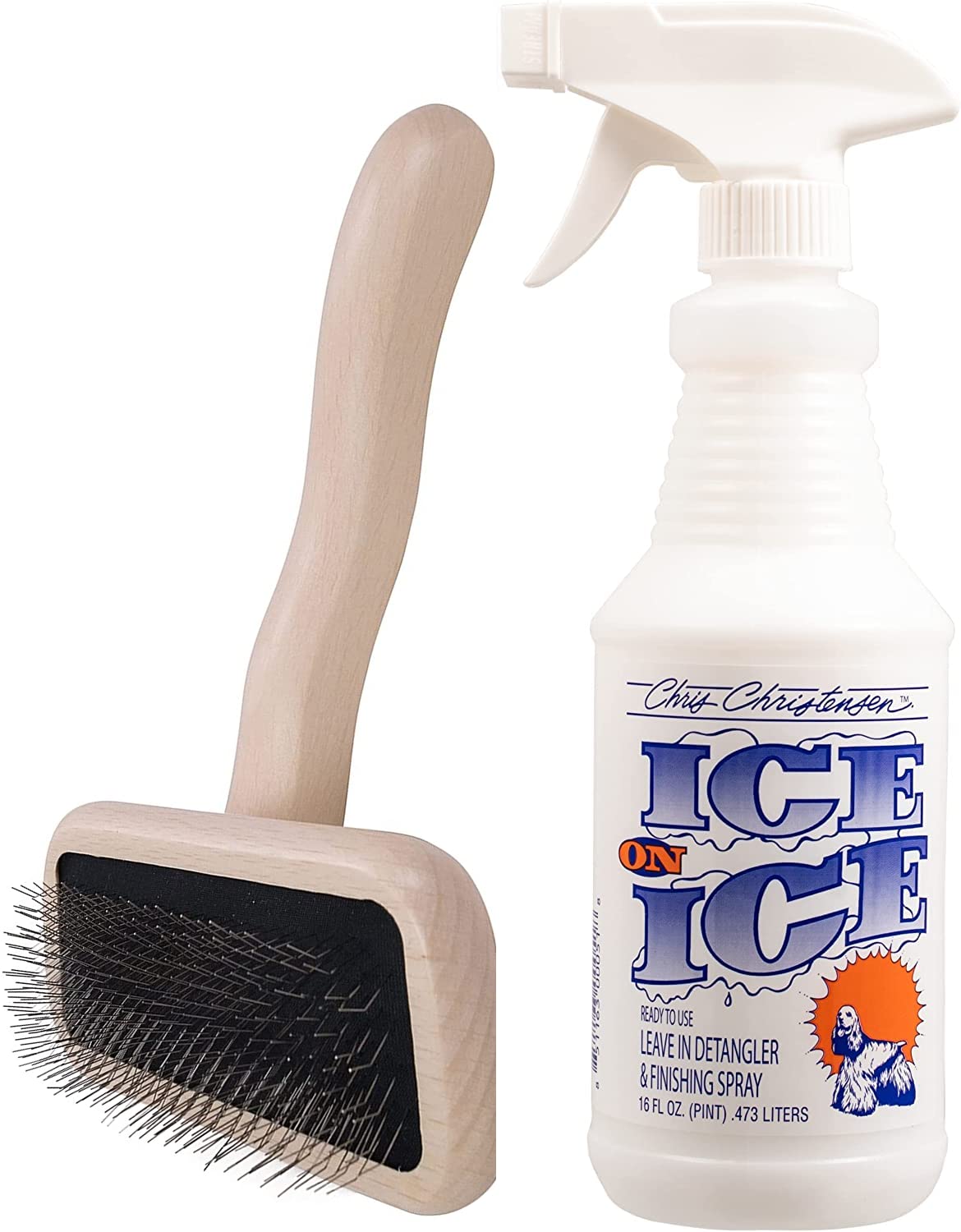 Chris Christensen Groomer's Bundle - Karben II Slicker Brush, Remove Shedding Coat, All Coat Types, Small - Ice on Ice Detangler and Finishing Spray, Ready to Use, Glide Through Coat,16 oz