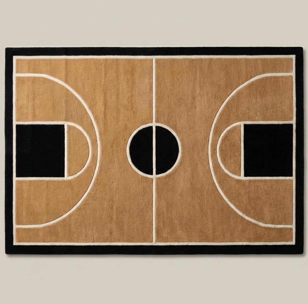 Basketball Court Area Rug, Brown and Black, Sports Theme, Hardwood Floor Design (8 * 10 feet)