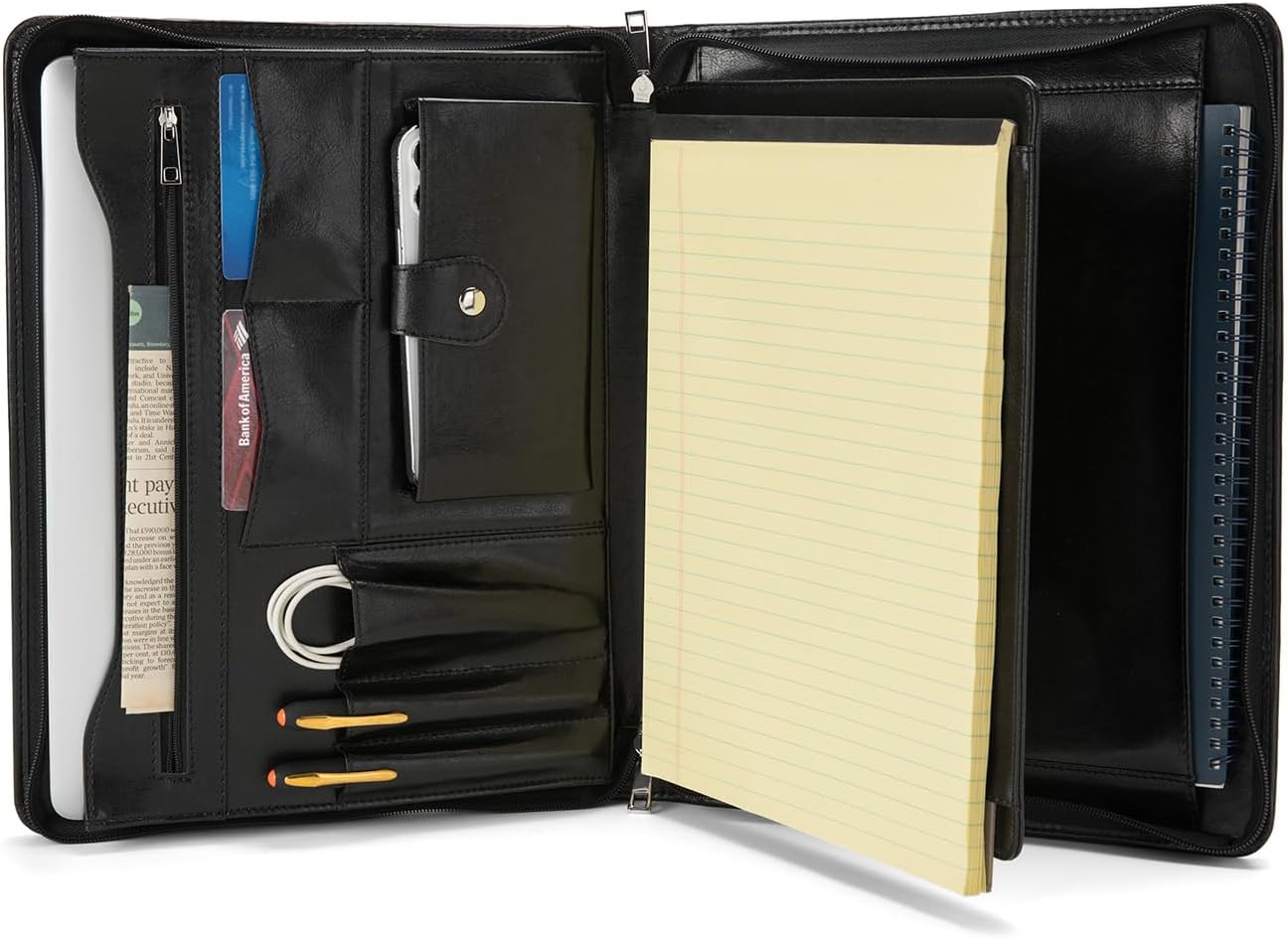 Vegan Leather Portfolio with Front Pocket for Men and Women, 8.5 x 11 Legal Pad Notepad Holder, Zippered Business Organizer, Professional Executive Letter Notebook Folder for Work, Black