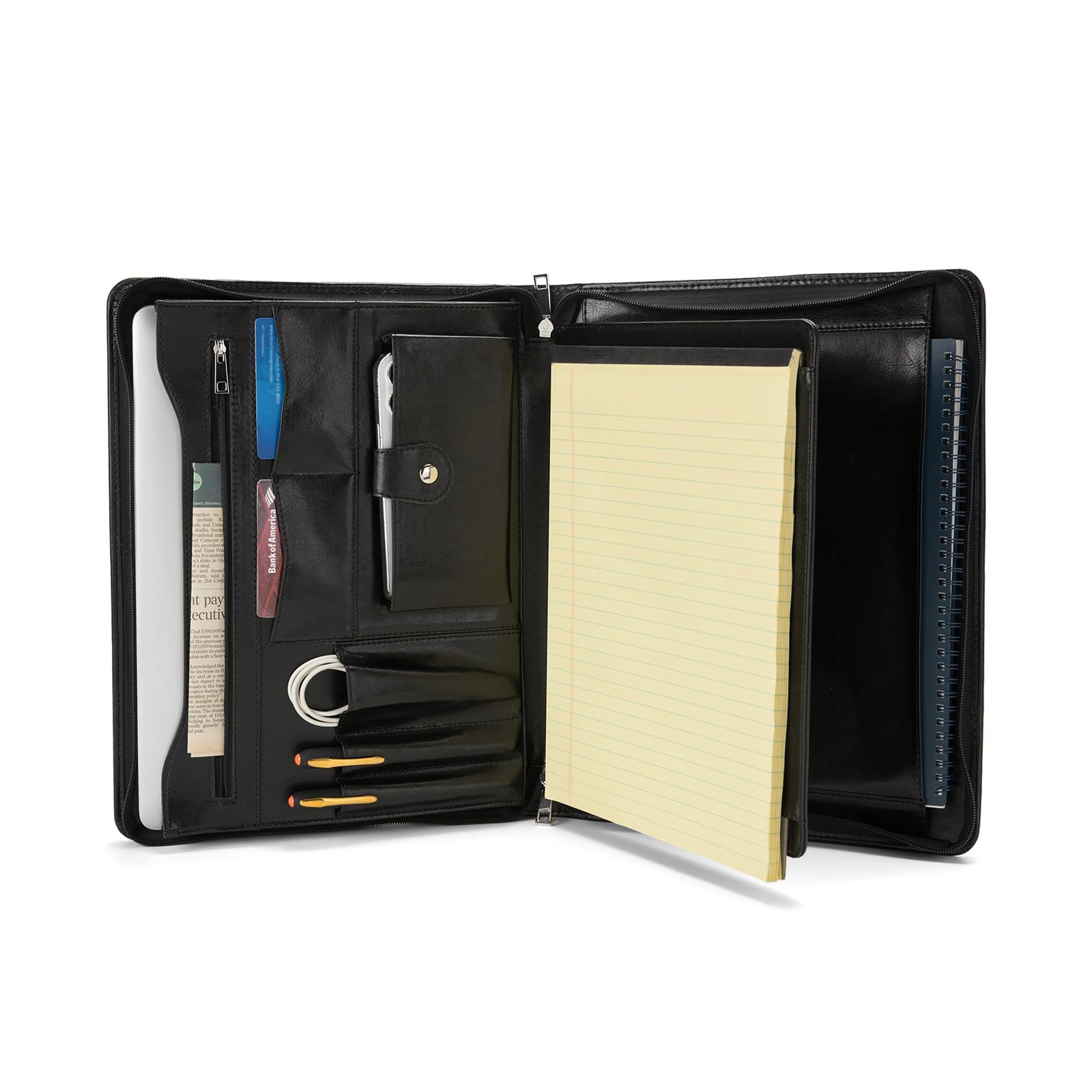 Portafolio de cuero con bolsillo exterior, portadocumentos de cuero vegano con cremallera A4 (8.5 x 11 pulgadas), soporte para laptop de 13 pulgadas, organizador de carpetas de archivos de