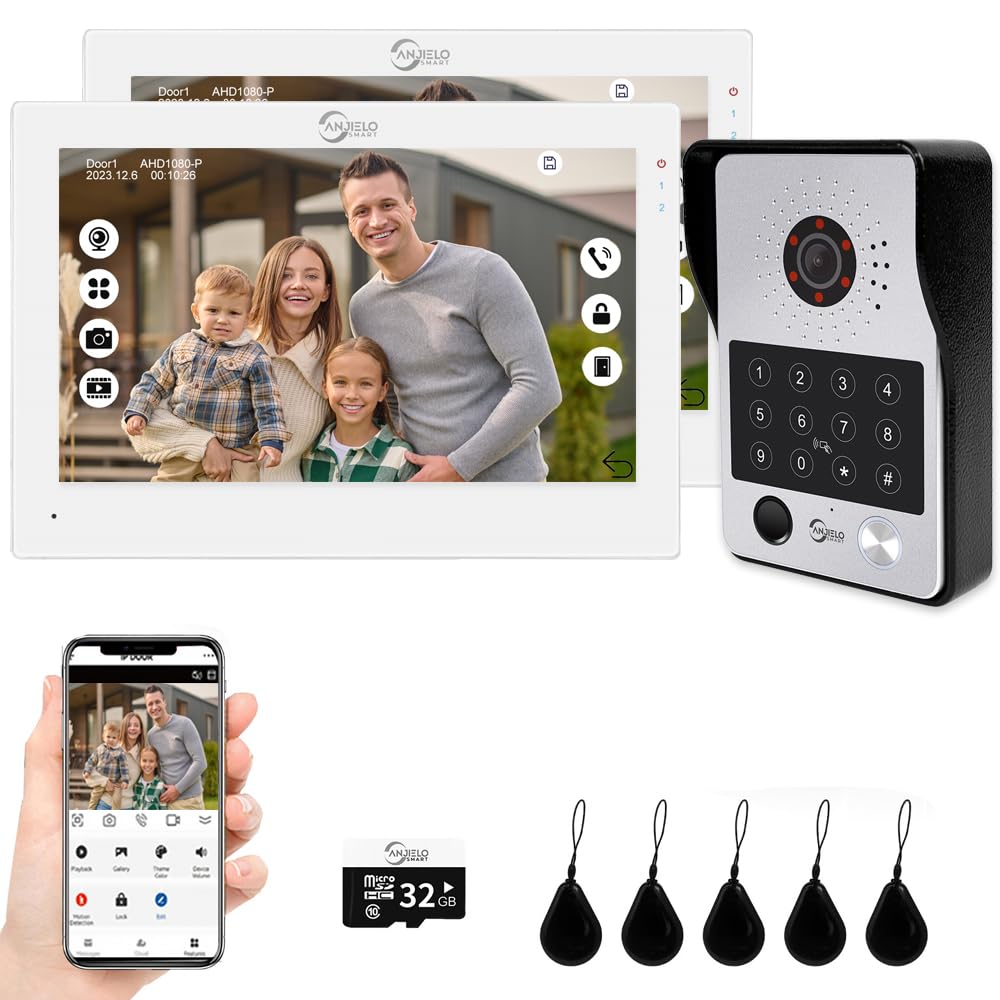 Dzwonek do drzwi wideo, kamera do drzwi wideo 1080p z monitorem dotykowym 7-calowym (przewodowa), obsługuje odcisk palca, kartę IC, odblokowywanie hasła (2, biała)