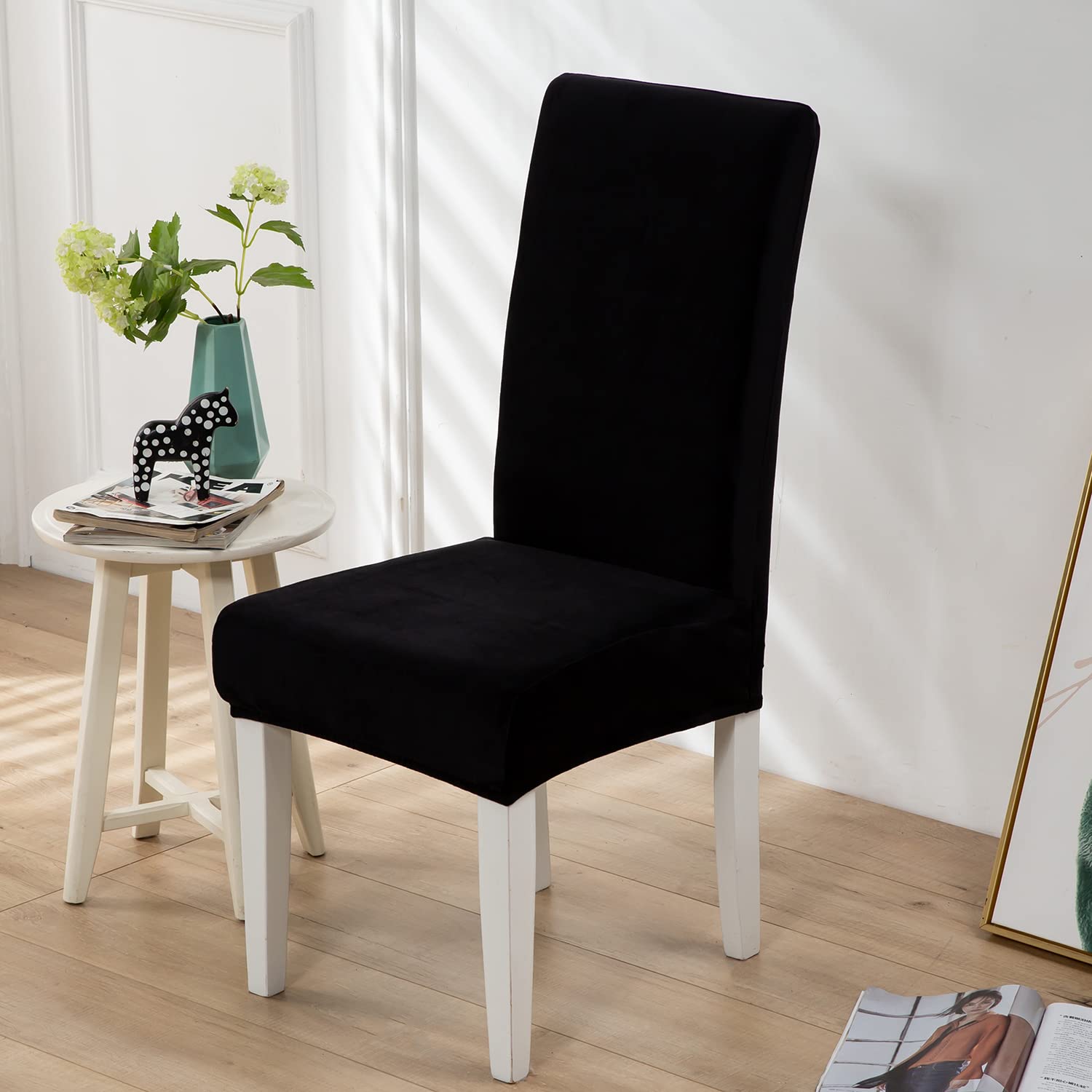 Xundefeng Soft Velvet Dining Chair Covers for Dining Room Set of 6 Pack Slipcovers Chairs Cover Stretch Slipcover, Black - Image 2