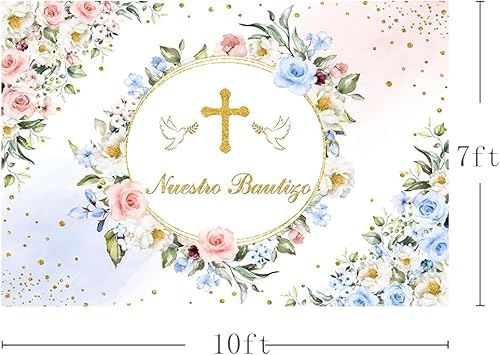 Miniatura 3 de MEHOFOND Telón de fondo Nuestro Bautizo de 10 x 7 pies para niños y niñas, color rosa pastel, azul, floral, bautismo, primera comunión, fondo de