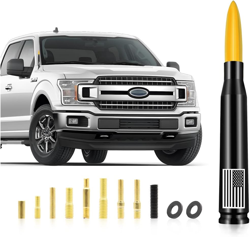 Car Antenna Mast, American Flag Aluminum Automobile Antenna Mast, 5.5 Inch AM/FM Radio Antenna with 9 Screws Adapter and 2 Rubber Rings, Auto Replacement Accessories for Car Truck SUV (Gold)