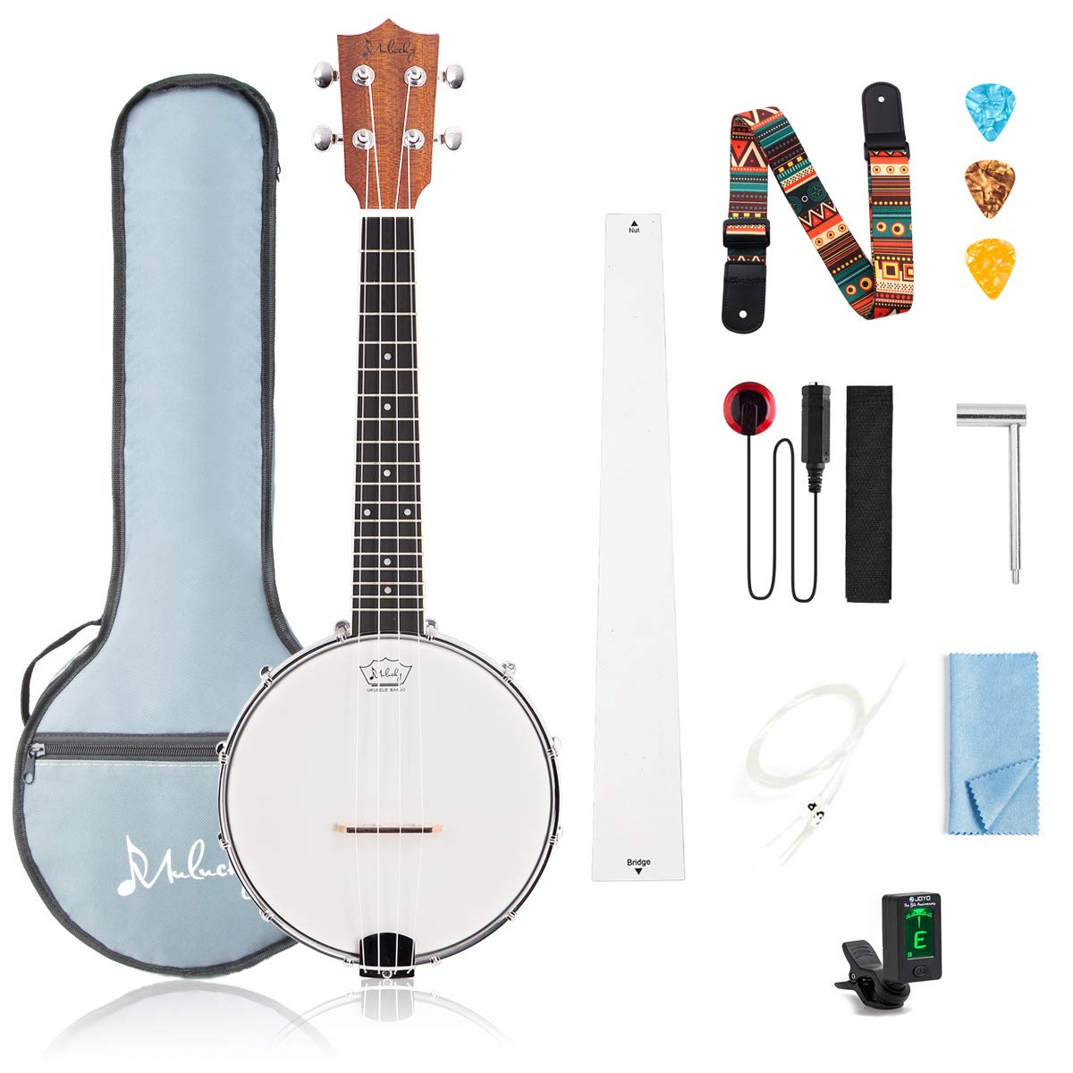 Mulucky Banjolele 4 String Banjo Ukulele Concert Size 23 Inch, Closed Solid Wood Back, Beginner Kit with Truss Rod Gig Bag Tuner String Strap Picks - MBU-806
