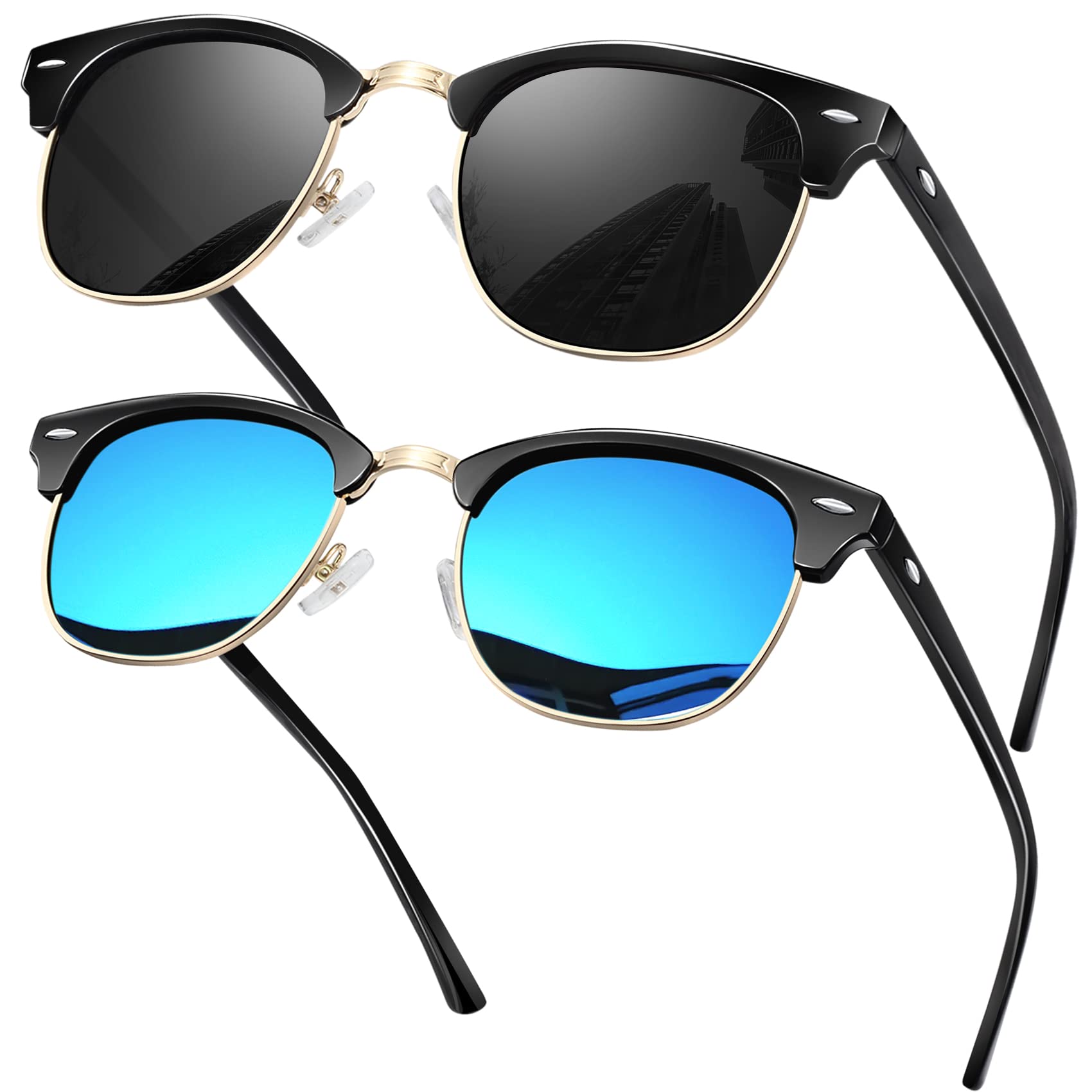 KANASTAL Semi Rimless Polarized Sunglasses for Men Women Browline Sun Glasses with UV400 Half Frame Shades 2 Pack
