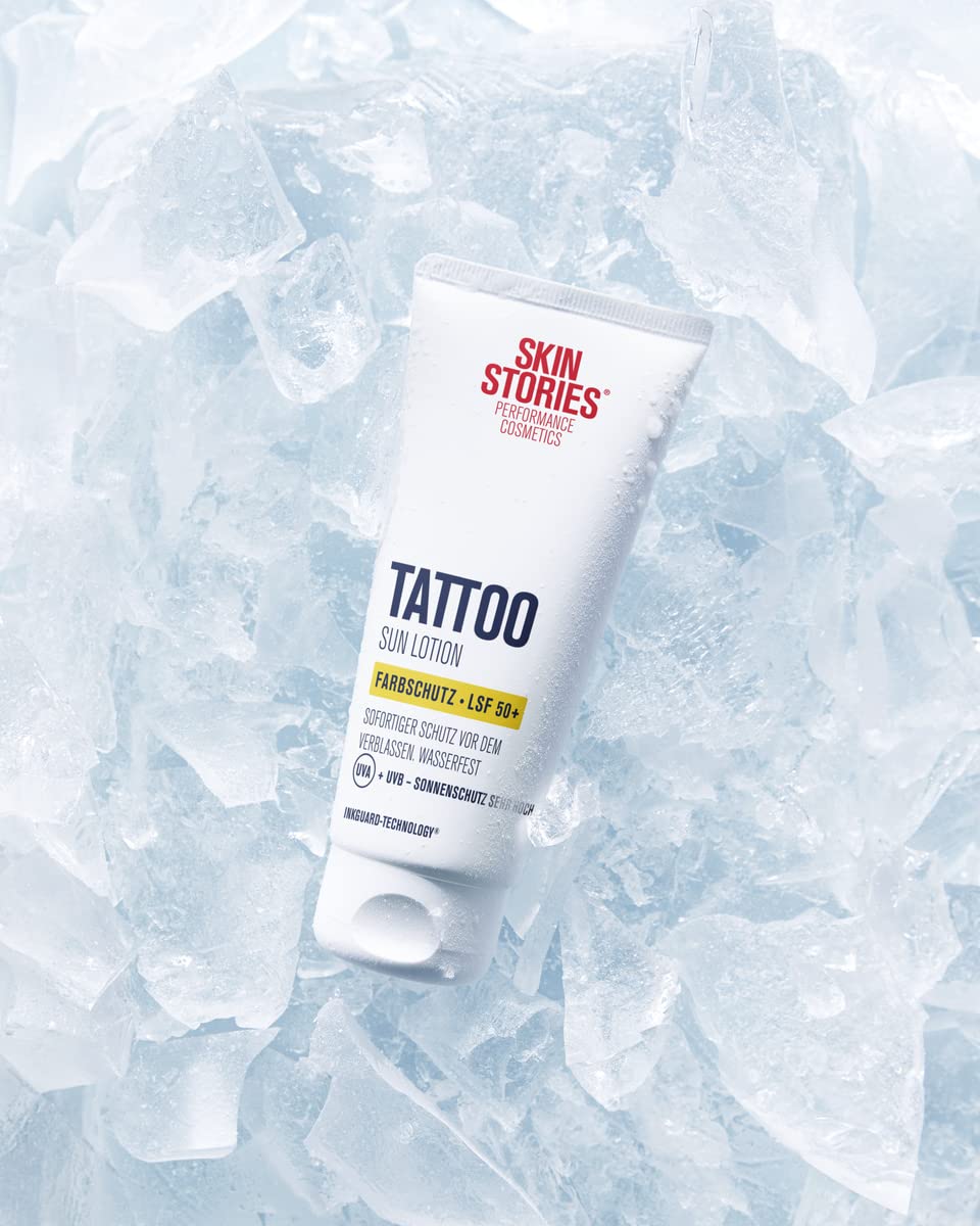 SKIN STORIES Sun Lotion LSF 50+ (100 ml), Tattoo-Farbschutz Sonnencreme mit InkGuard-Technology®, sehr hoher Tattoo Sonnenschutz mit Panthenol und Vitamin E gegen das Verblassen von Tattoo-Farben
