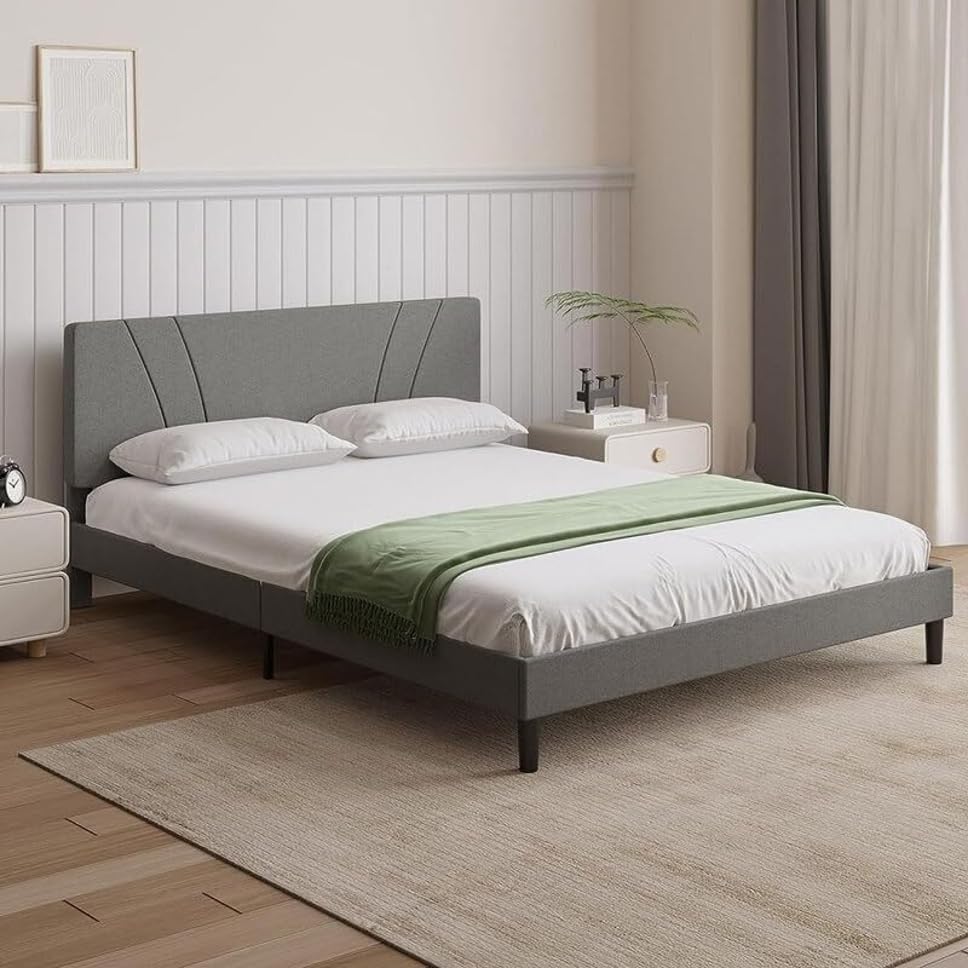 Image of Wooden Modern Upholstered King Size Bed for Bedroom | Wooden Double Bed Without Storage | Platform Cot Upholstered Bed with Upholstery Fabric | Engineered Wood | 6.5 x 6 Ft | Light Grey-A