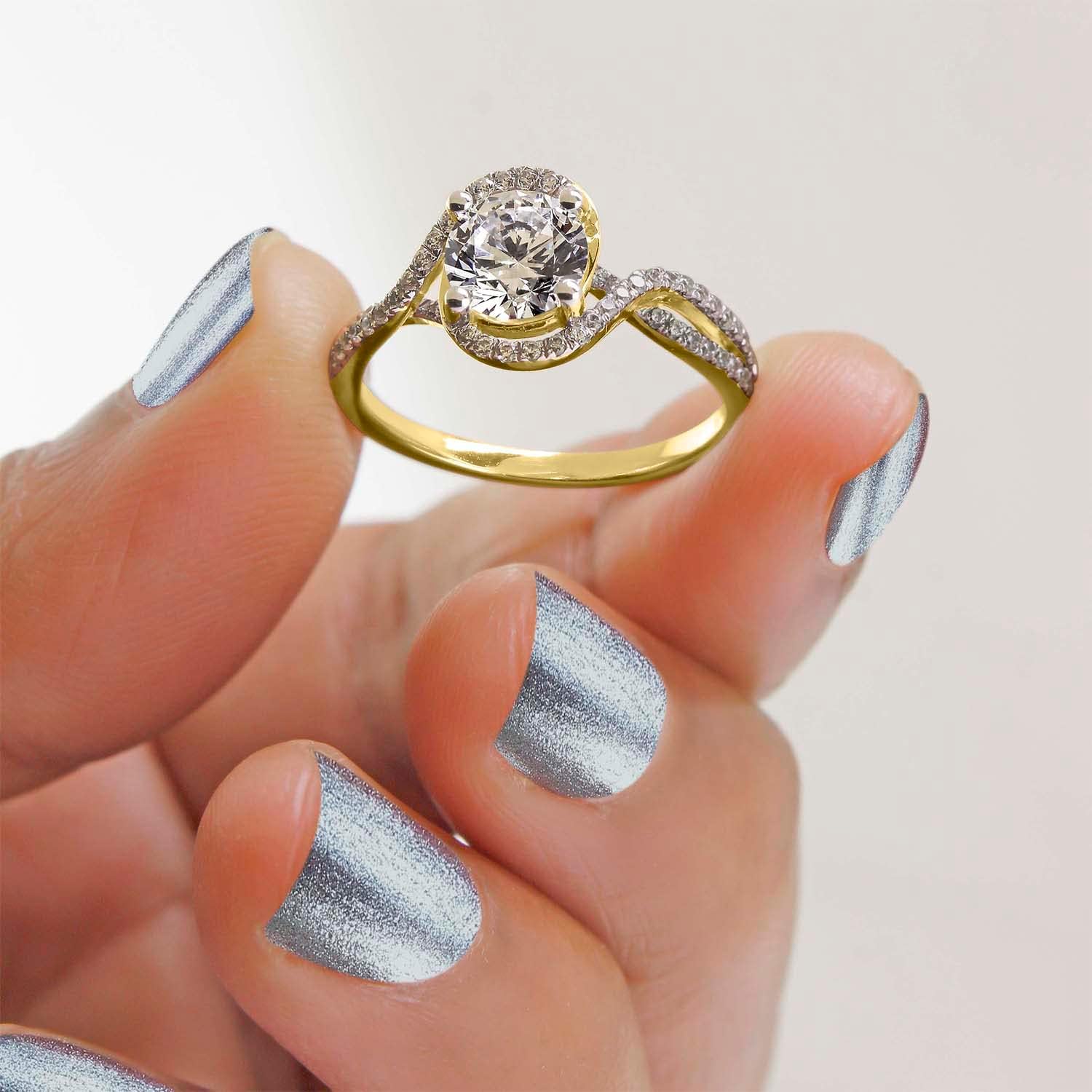 Pretty Jewels 6.5mm Center Round Cut Lab Created G-H Color Moissanite And White Diamond Swirl Solitaire Engagement Rings for Women In 10k Or 14k Gold Gifts For Her Wedding Birthday (1.25 Cttw)