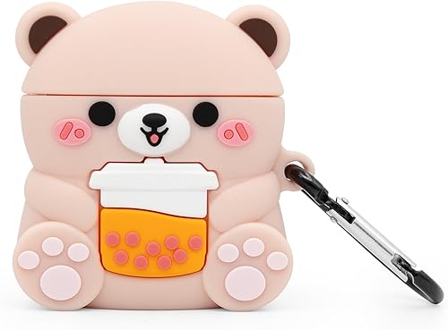 Mouzor Linda funda para Airpods 2, diseño de oso de té Boba para Airpods 2, diseño de animales 3D de dibujos animados, suave, PVC, a prueba de