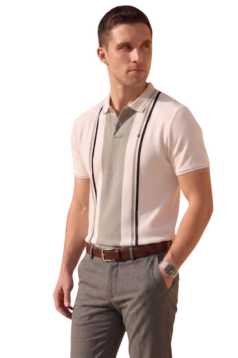 Louis Philippe Men's Slim Fit Engineered Stripe and Yarn Dyed Pique Polo Tshirt