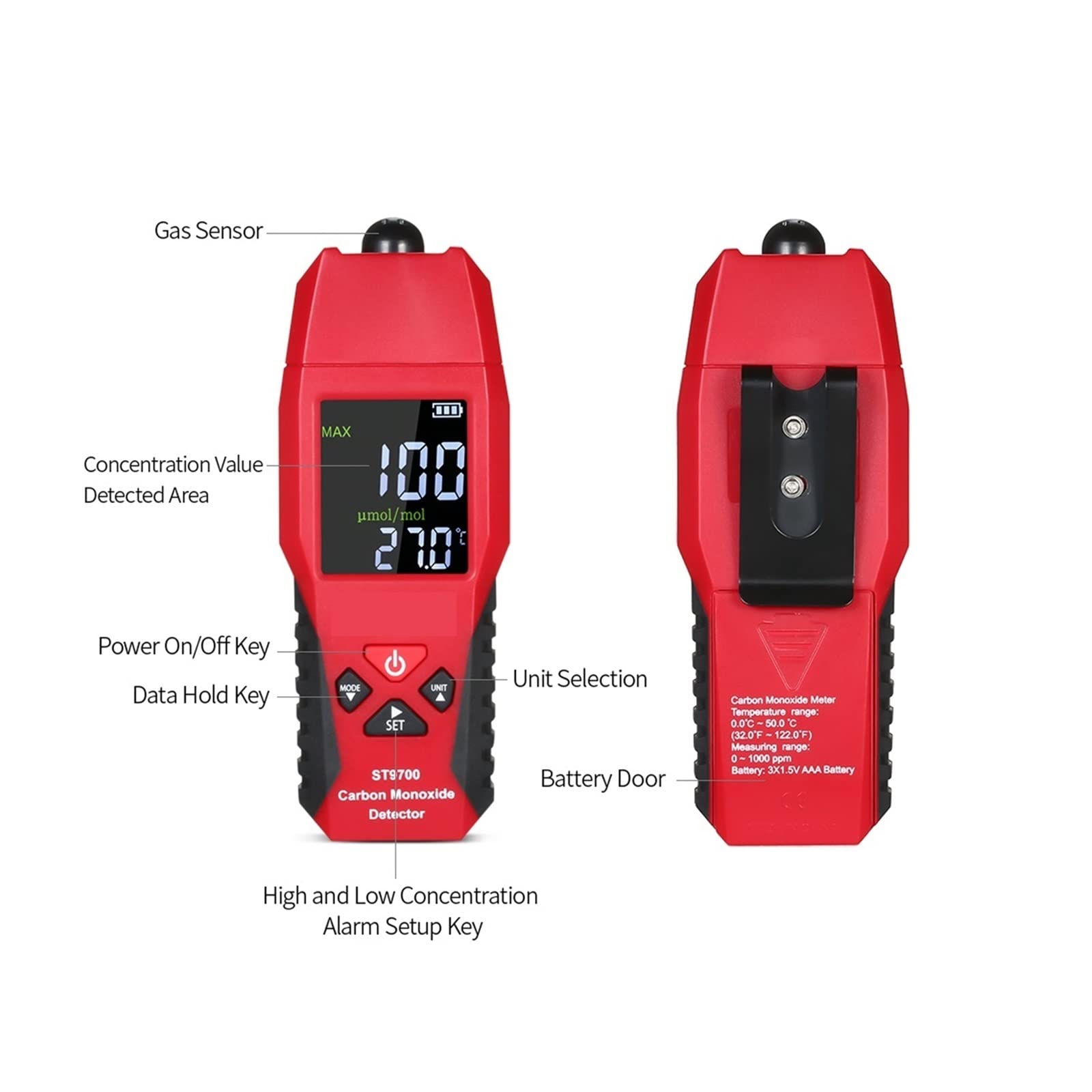 Gasdetektor, Tragbares Kohlenmonoxid-Messgerät CO-Gasanalysator-Messgerät LCD-Display Farbdisplay Ton- und Lichtalarm 0–1000 ppm