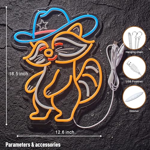 Image of Cowboy Racoon Neon Sign Raccoon Neon Light Cowboy LED Sign USB Powered Dimmable Art Signs for Bar Pub Store Man Cave Kids Room 16.2 X 12.6 inch