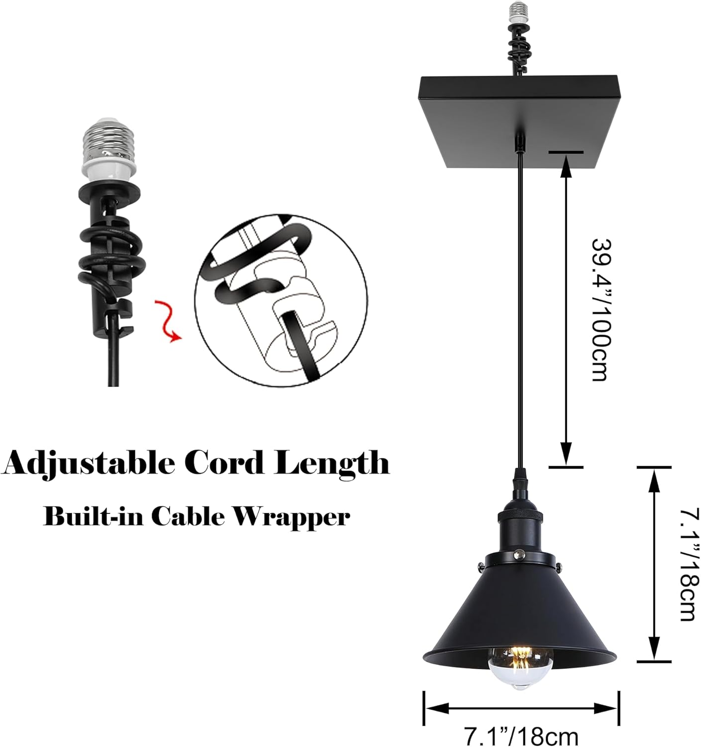 Kiven Instant Light Conversion Kit for 4/5/6inch Hole, Black Industrial Retrofit Square Recessed Lighting, Recessed Can Light Conversion Kit to Pendant with E26 Screw-in Adapter TB0121
