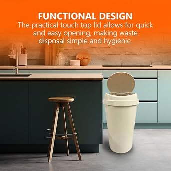 ORGANIZED 60L Touch Top Bin, Large Plastic Kitchen Waste Bin with Push Lid, for Home, Office & Utility Room (Cream)