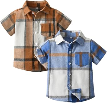 Feidoog Toddler Boys Plaid Shirts 2 Pack Short Sleeve Button Down Shirt