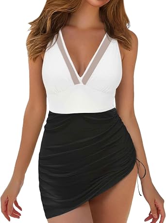 Swim Dress for Women Swimwear V Neck Full Coverage Swimsuits Slimming Mesh Lace Bikini Bathing Suit Swim Dress Skirt