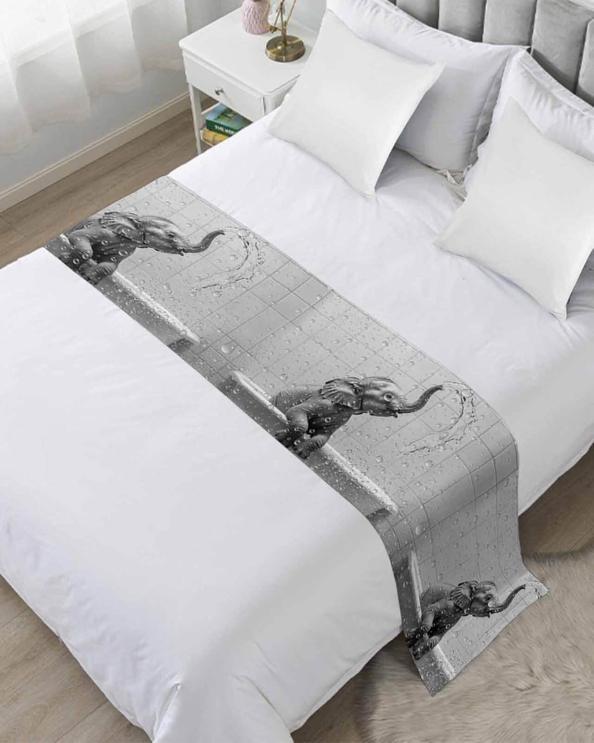 Grey Elephant Bed Runner Scarf Twin Size, Modern Art Bathtub Luxury Bed Throw Runners & Scarves for Twin Full Queen King Foot of Bed, Bedroom Hotel Wedding Room Decoration, 71"x20"