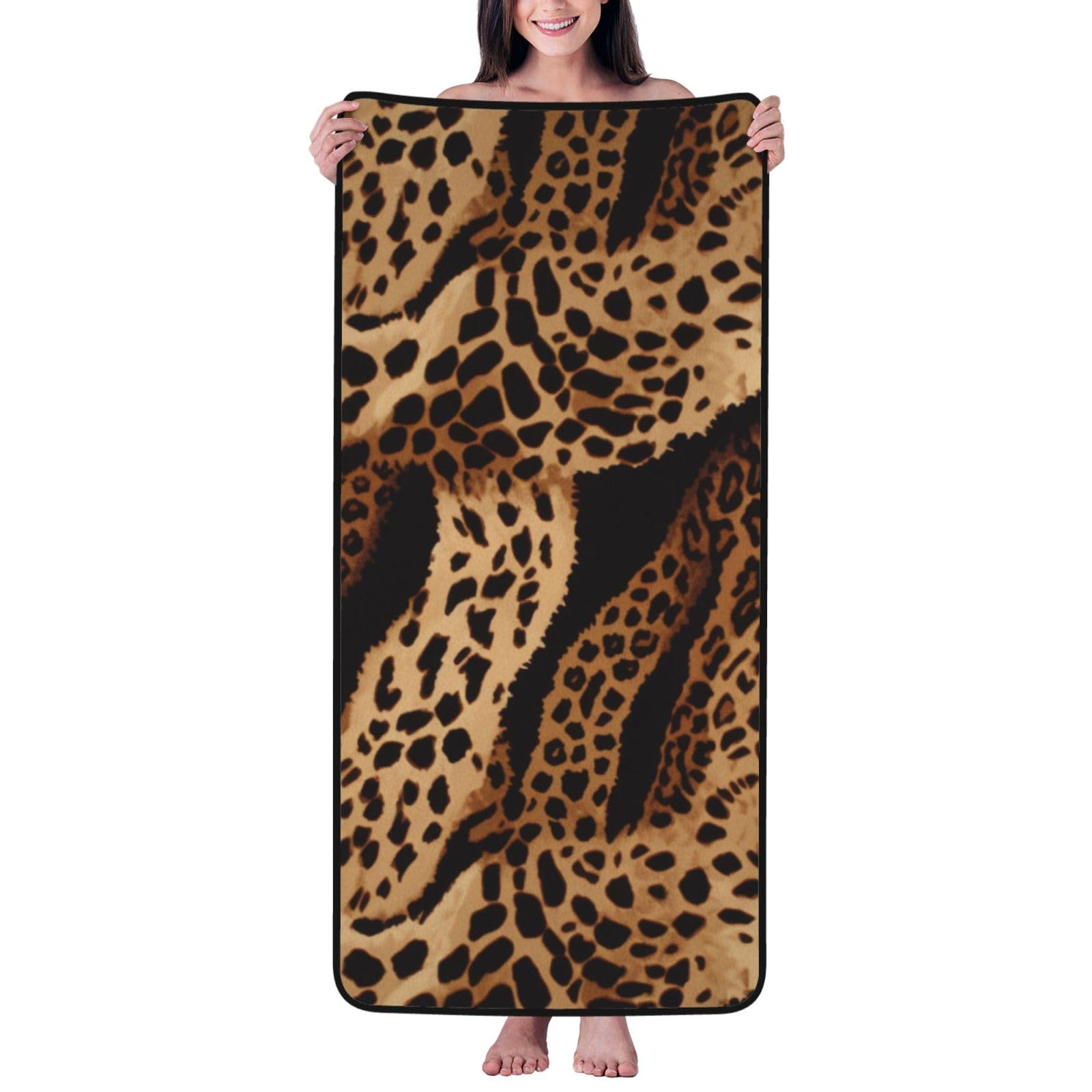 WPKJU Leopard Pattern Printed Bath Towel with Black Edging - 27x55 in Soft Extra Absorbent Coral Velvet Shower Towels for Bathroom