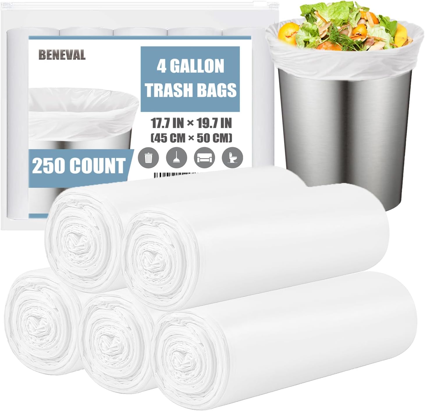 250 Count Small Garbage Bags 15 Litres 4 Gallon Trash Bags, White 15L