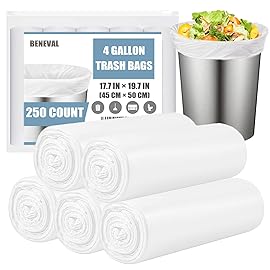 Beneval 4 Gallon Small Trash Bags, 250 Count, Unscented, Transparent, Durable, Ideal for Bathroom, Kitchen, Office, Bedroom