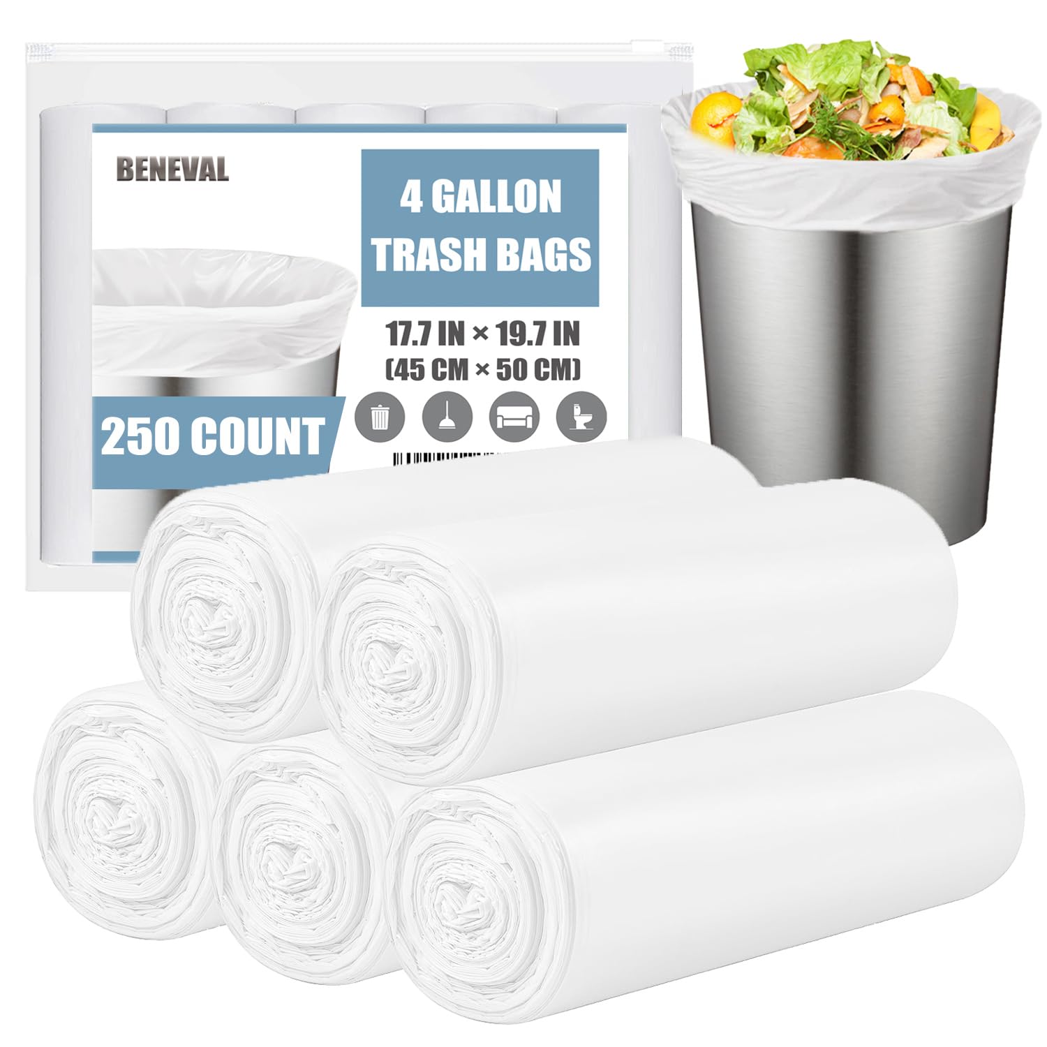 4 Gallon Small Trash Bags, 250 Count, Unscented, Transparent, Durable, Ideal for Bathroom, Kitchen, Office, Bedroom