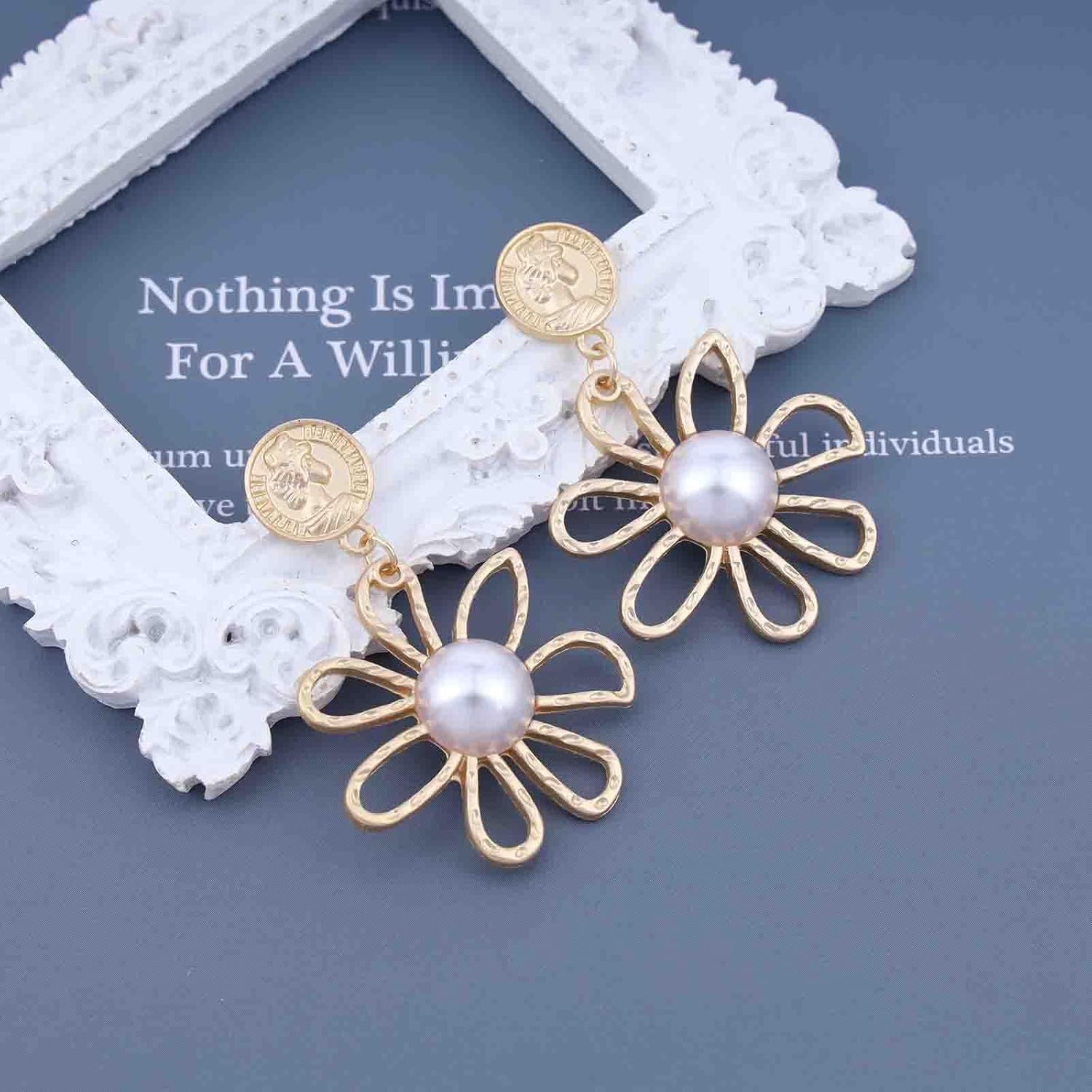 Vintage Pearl Flower Dangle Earrings Gold Hollow Flower Earrings Large Metal Flower Drop Earrings Floral Statement Earrings Jewelry for Women - Image 4