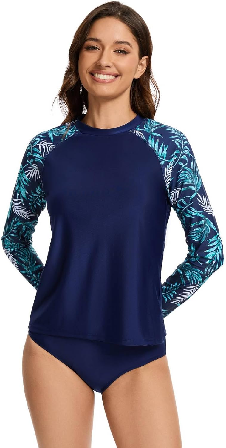 Women's Long Sleeves Rash Guard Swimsuits Swim Shirts UPF 50 Sun Protection Two Piece Swimsuits with Built in Bra - Image 4