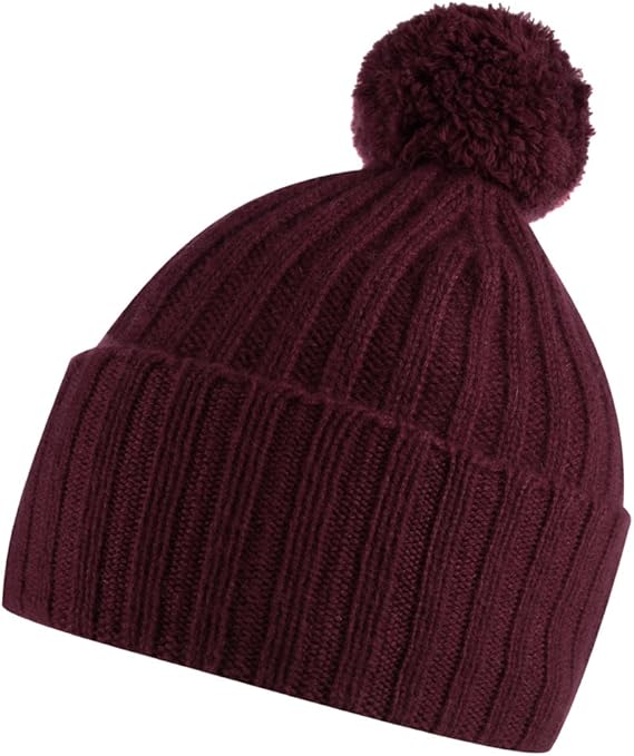 Pure Cashmere Broad Rib Hat with Bobble Made in Scotland (Claret Red