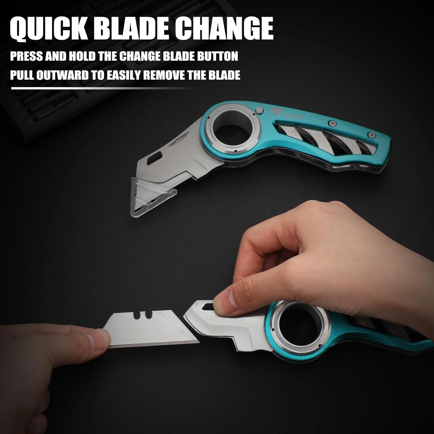 Tondiamo 2 Pcs Folding Pocket Utility Knife Heavy Duty Box Cutter Folding Razor Knife with Anti Slip Finger Loop Easy Change Blades 3 Lock Positions Design (Emerald Green)