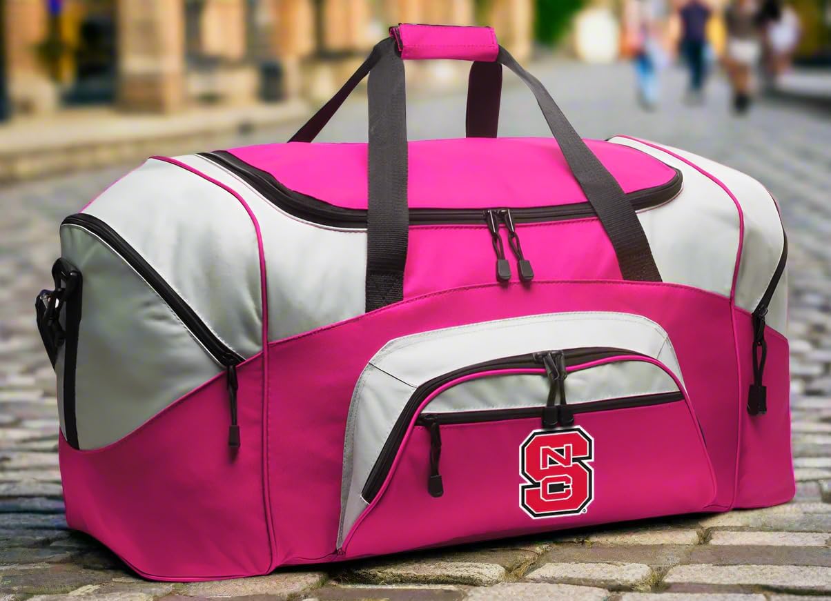 Large NC State Duffel Bag Suitcase or NC State Wolfpack Gym Bag Gear Travel Duffle (Pink)