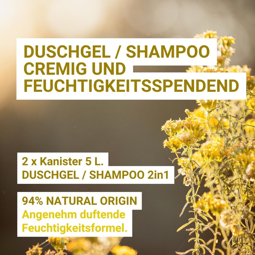 GPQ - Duschgel/Shampoo 2in1 GOLD 5 ltr. | 2 Kanister | 94% Natural Origin | Spender-Refill mit Conditioner ohne Parabene | Hotel, B&B, Landhaus, Camping, Kreuzfahrt, Fitnessstudio... | Made in EU